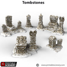 Load image into Gallery viewer, Tombstones - Cities of Ramshackle and Ruin - Printable Scenery Terrain Wargaming D&amp;D DnD 28mm 32mm 40mm 54mm